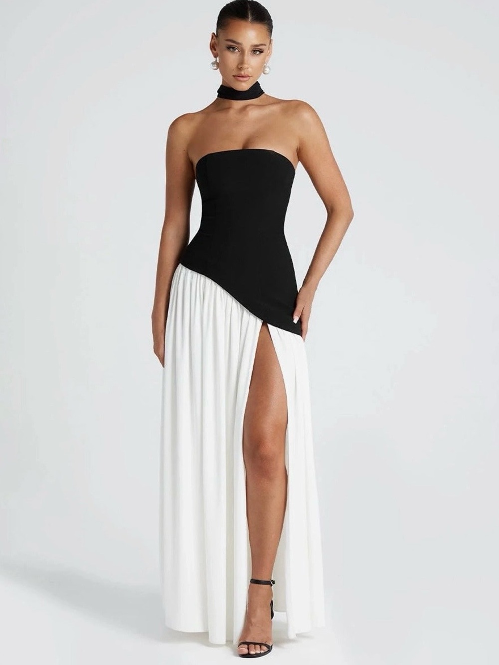 Contrast-Panel Strapless Maxi Gown